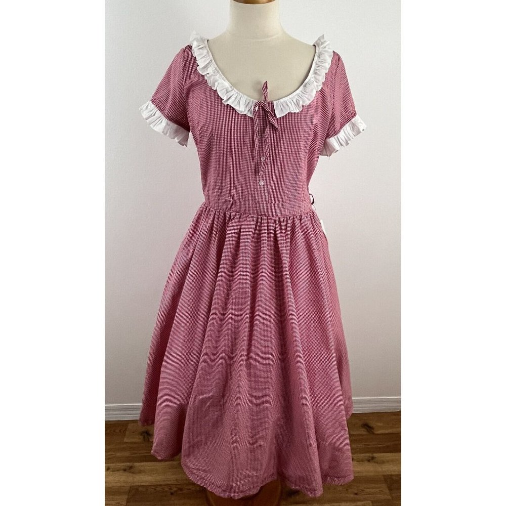 Lindy Bop Women's XL Red Gingham Swing Dress Pinup Rockabilly White Trim NWT